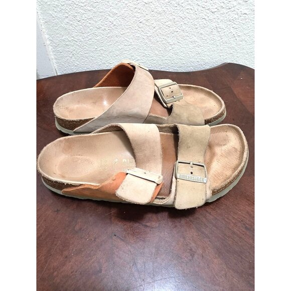 Birkenstock Arizona Beige/Brown Leather Cork Sole Double Strap Buckle Women's Si - Picture 3 of 13